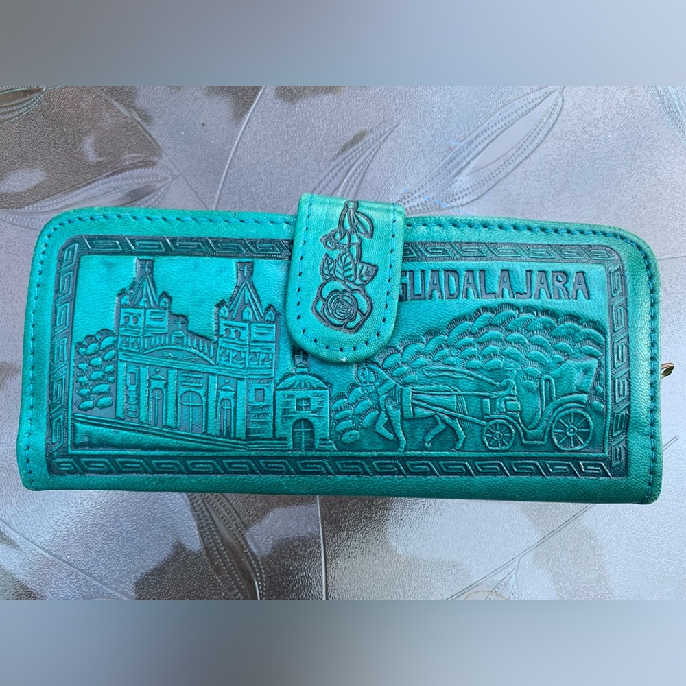 Embossed Leather Guadalajara Mexico Teal Bi-fold Wallet
